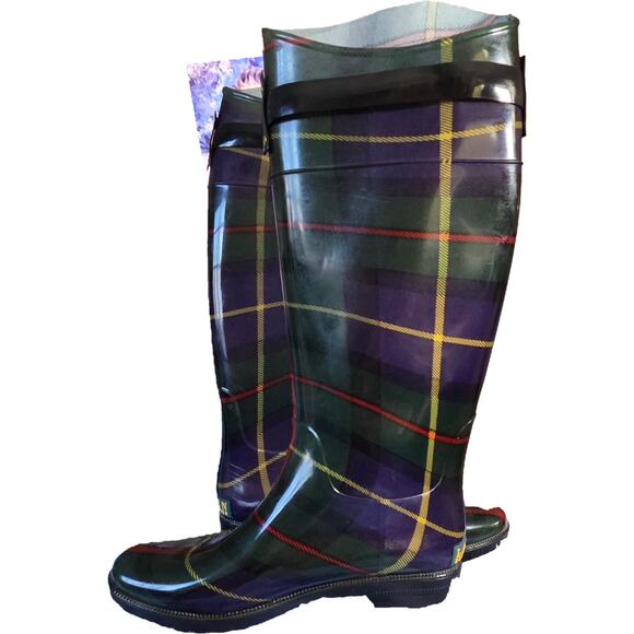 Ralph Lauren Rossalyn II Tartan Plaid Preppy Equestrian Riding Rain Boots 7 EUC - Picture 2 of 7